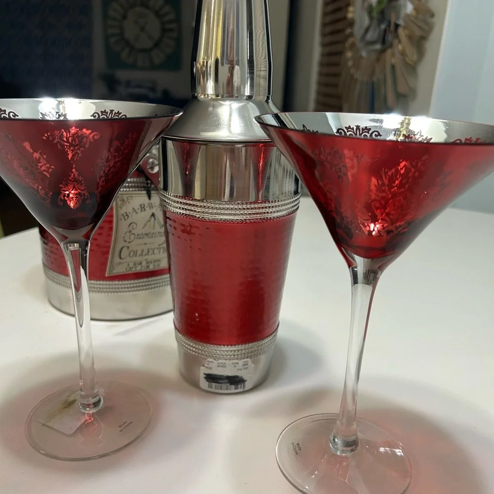 NWT BEAUTIFUL 4 PIECE BARWAR SET  icebucket/shaker/2brocade martini glasses